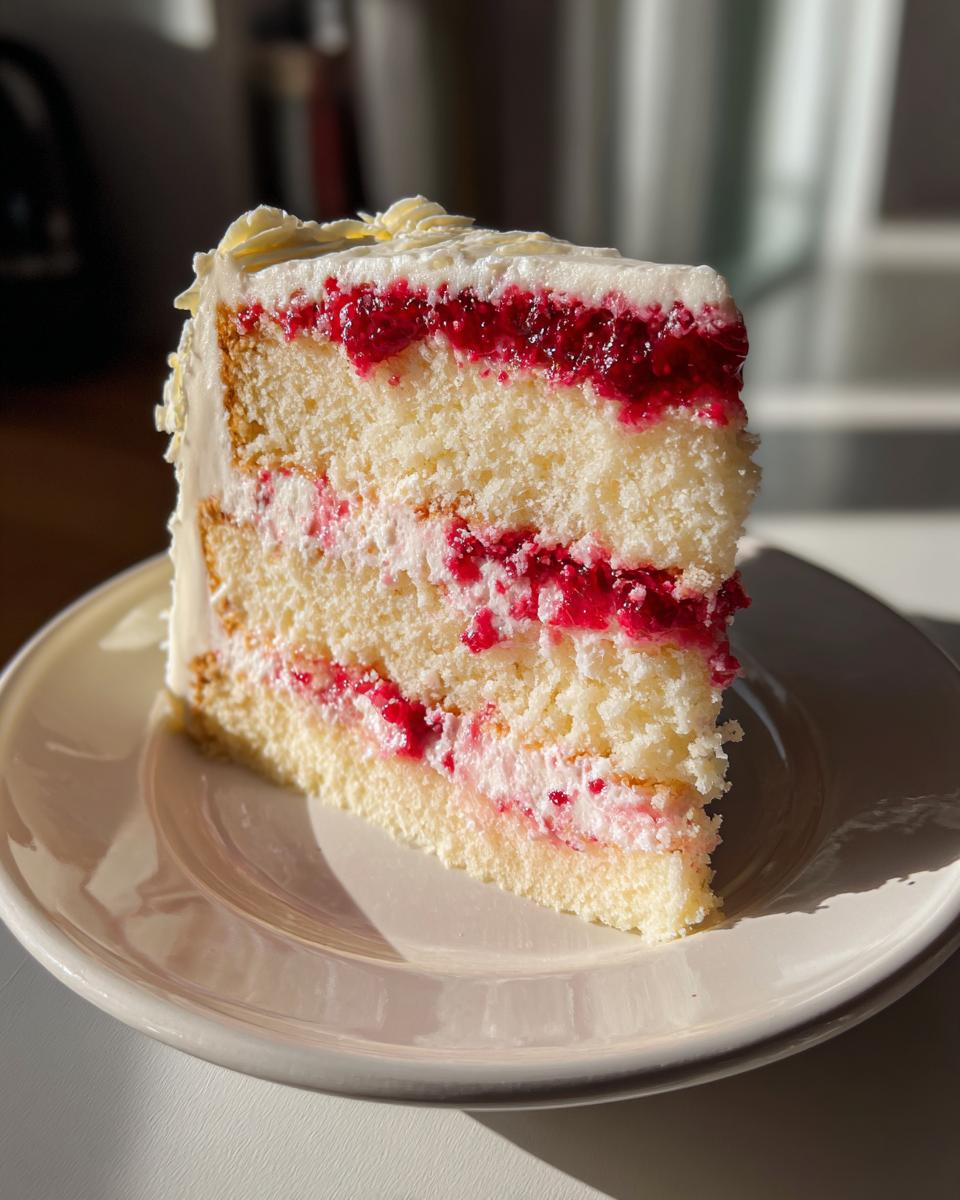 A close-up slice of white chocolate raspberry cake showing layers of white cake, cream, and bright red raspberry filling.