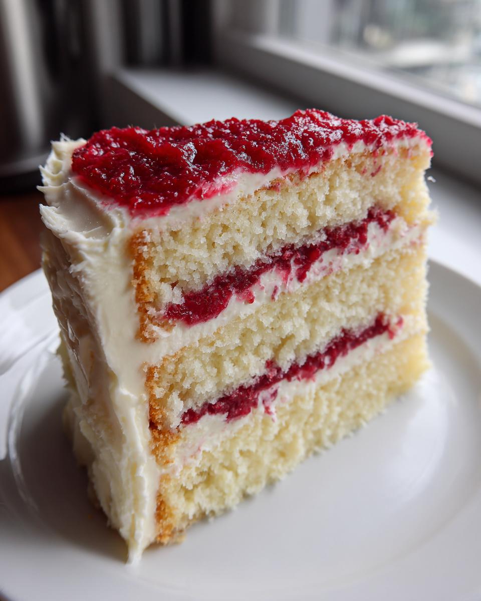 A moist slice of white chocolate raspberry cake featuring three layers of vanilla cake, white frosting, and bright red raspberry filling.