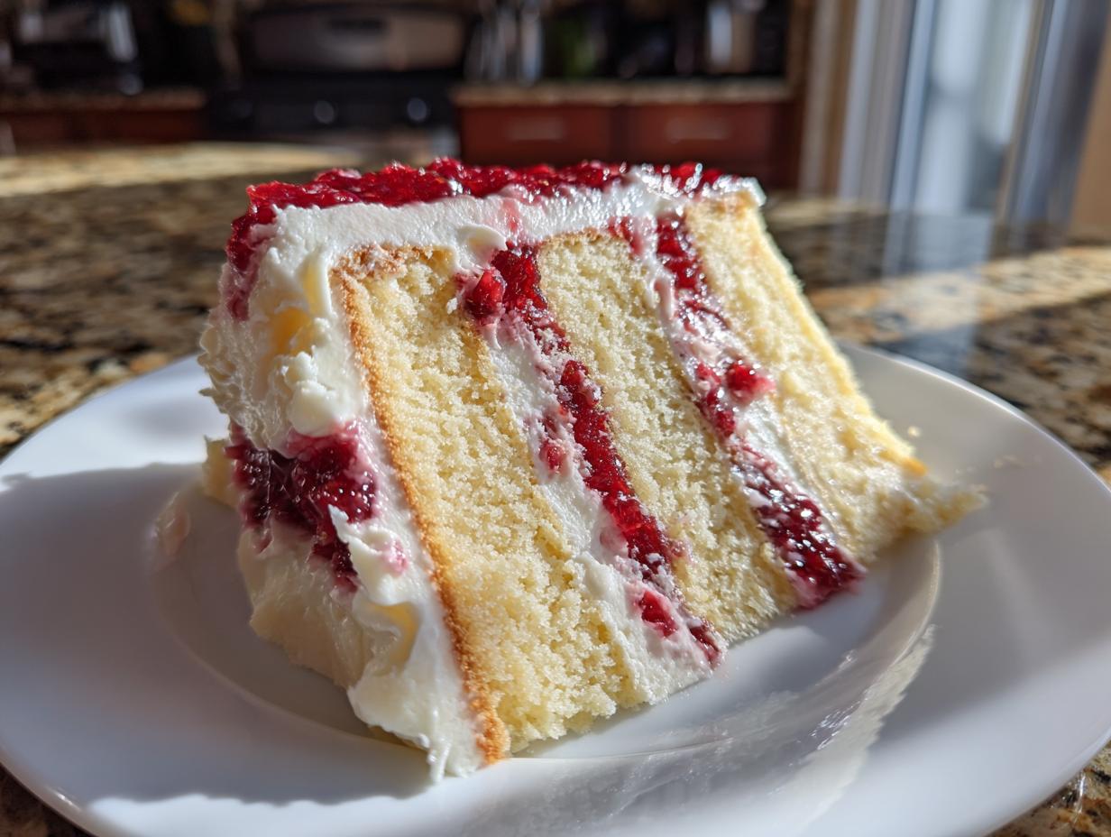A close-up slice of moist white chocolate raspberry cake layered with white frosting and bright red raspberry filling.