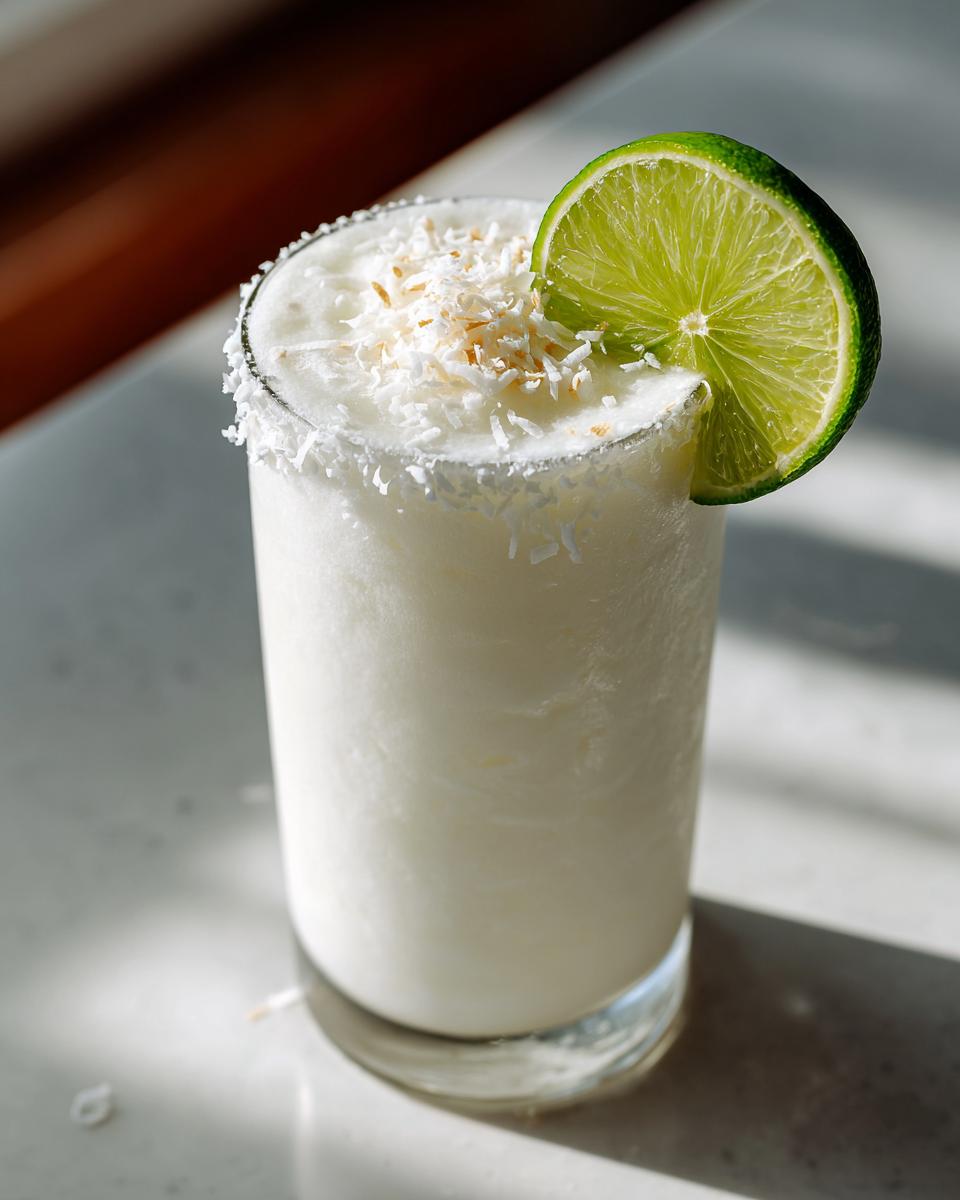 A frosty white Christmas margarita in a tall glass, garnished with toasted coconut flakes and a fresh lime wheel.
