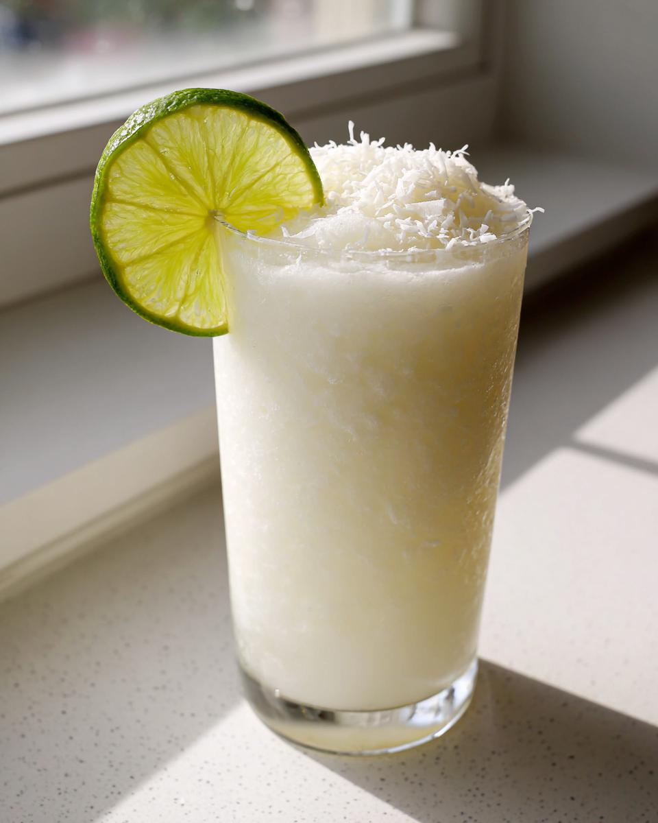 A tall glass of a frosty white Christmas margarita topped with shredded coconut and garnished with a lime wheel.