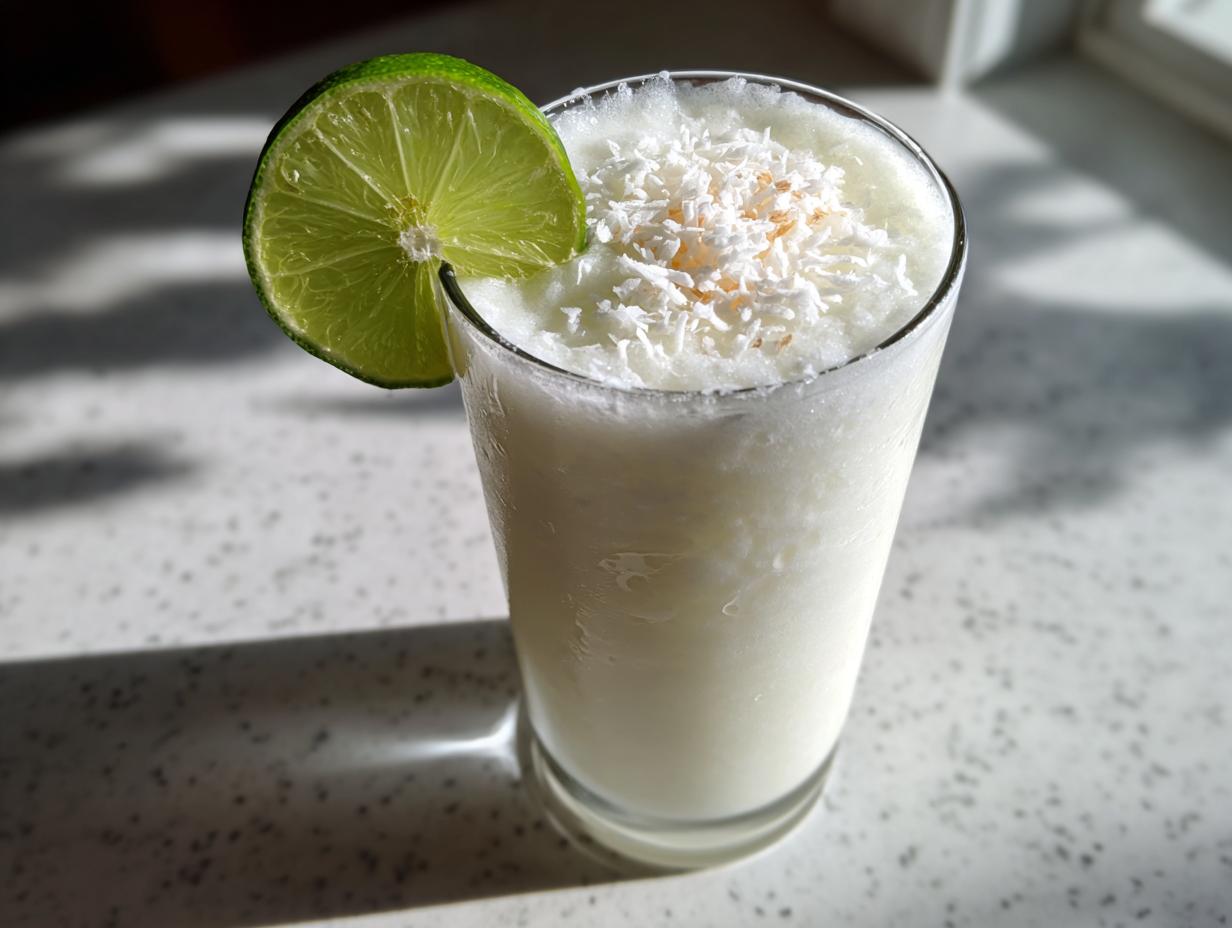 A frosty white Christmas margarita garnished with shredded coconut and a fresh lime wheel.