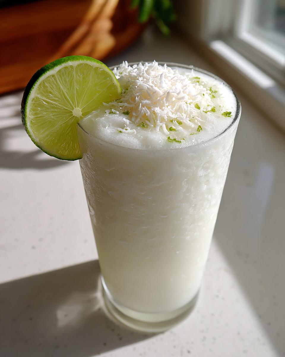 A frosty white Christmas margarita in a tall glass, topped with shredded coconut and a lime wheel.