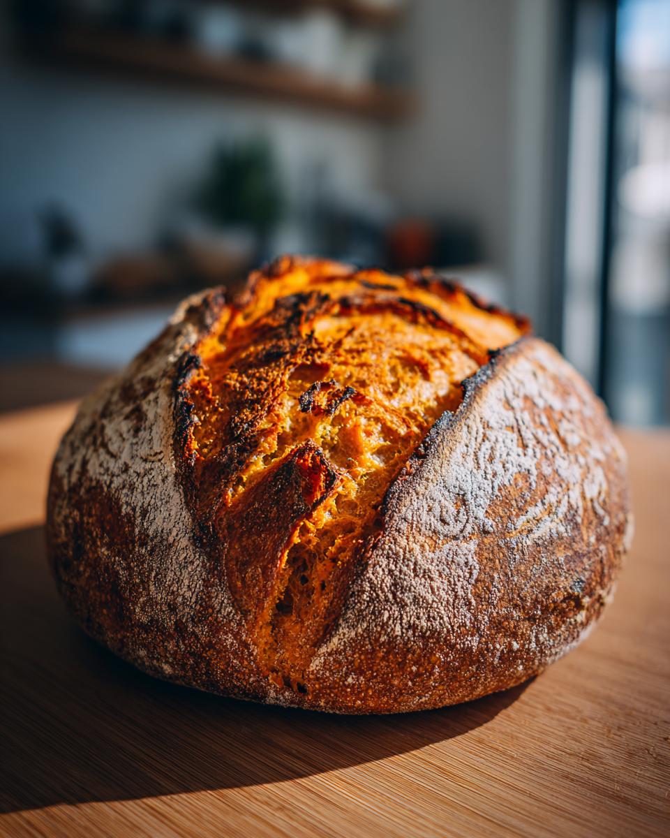 A beautifully baked, rustic loaf of pumpkin sourdough bread with a dark, cracked crust dusted with flour.