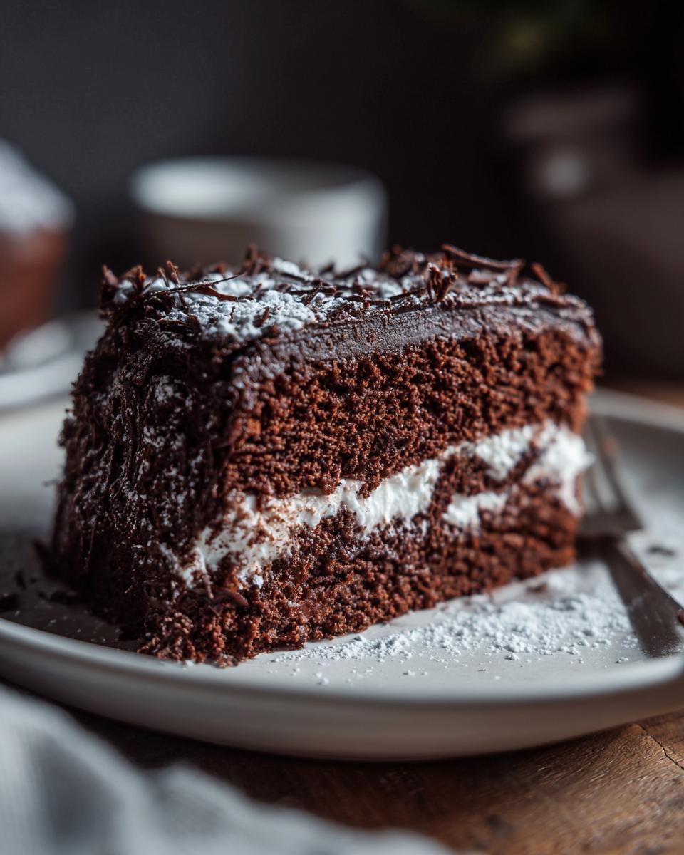 Close-up of a moist slice of chocolate yule log cake layered with white cream, topped with chocolate shavings and powdered sugar.