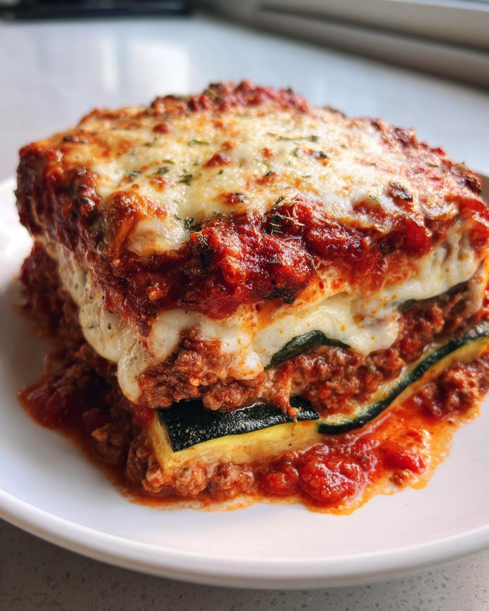 A close-up of a hearty, layered slice of zucchini lasagna topped with rich tomato sauce and melted, bubbly cheese.