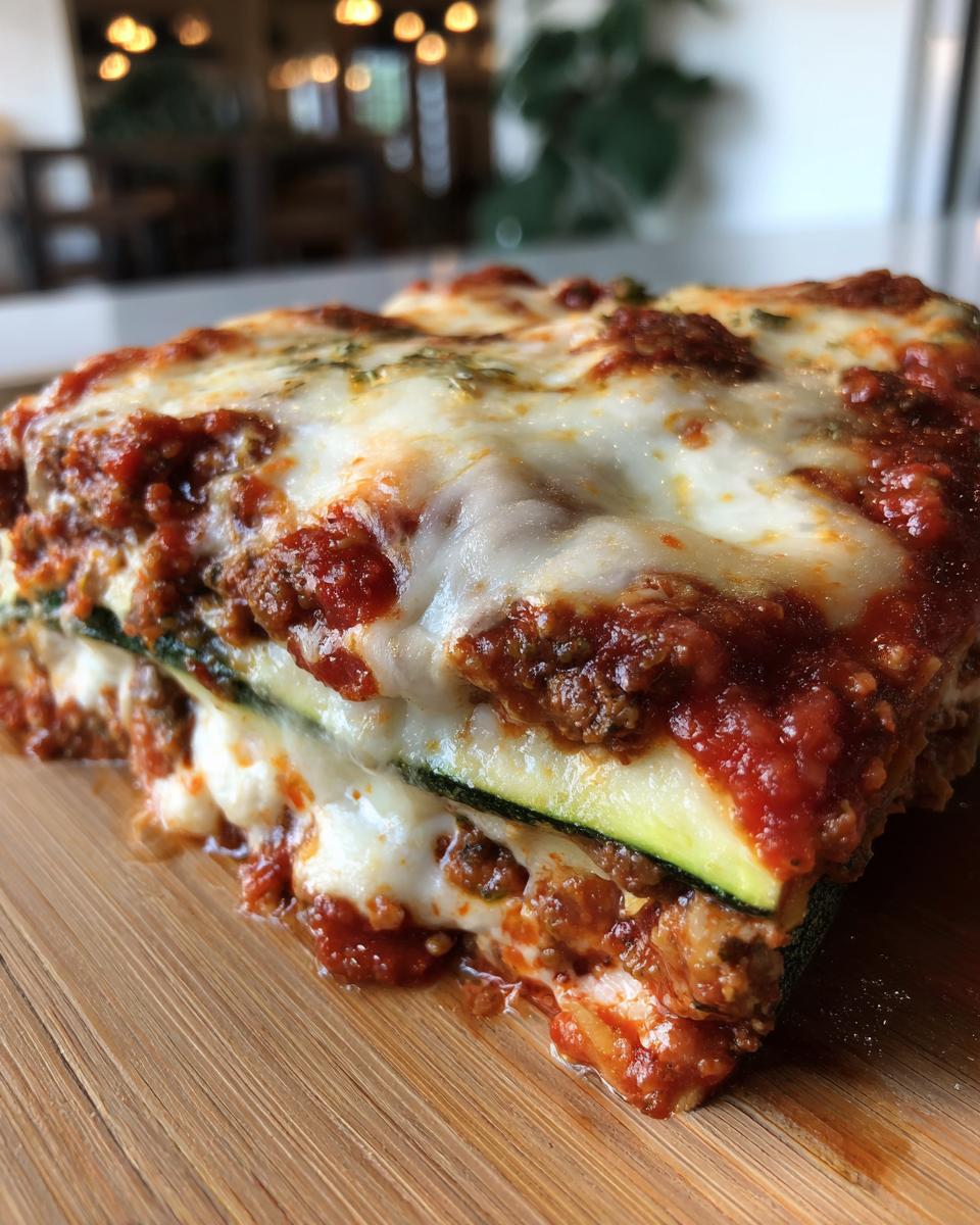 Close-up of a hearty slice of zucchini lasagna showing layers of meat sauce, ricotta, and melted mozzarella over zucchini noodles.