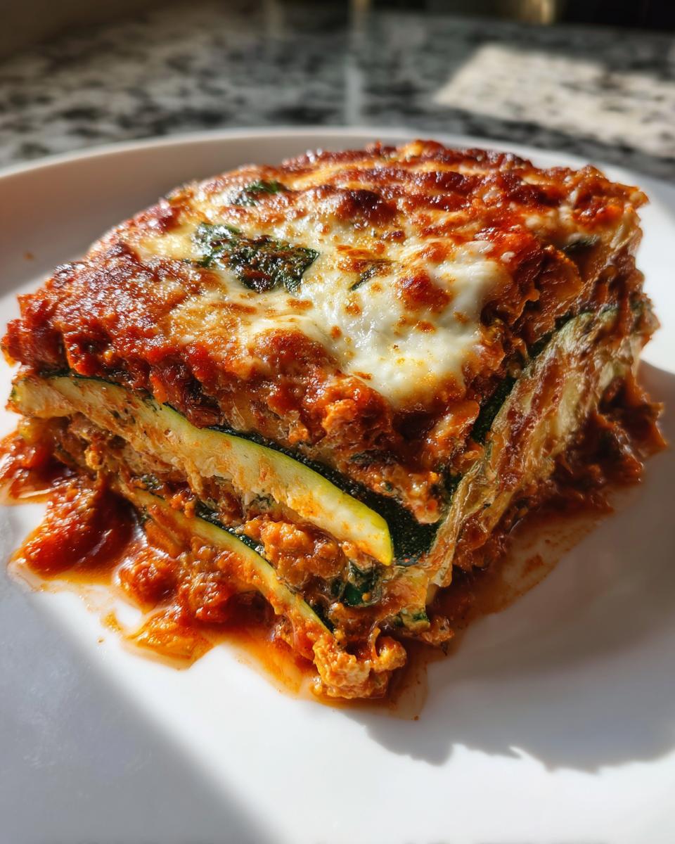 A thick, layered slice of zucchini lasagna served on a white plate, showing zucchini noodles and melted cheese.