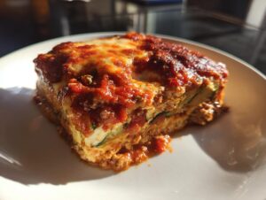 A thick, perfectly layered slice of zucchini lasagna topped with rich tomato sauce and melted, browned cheese.