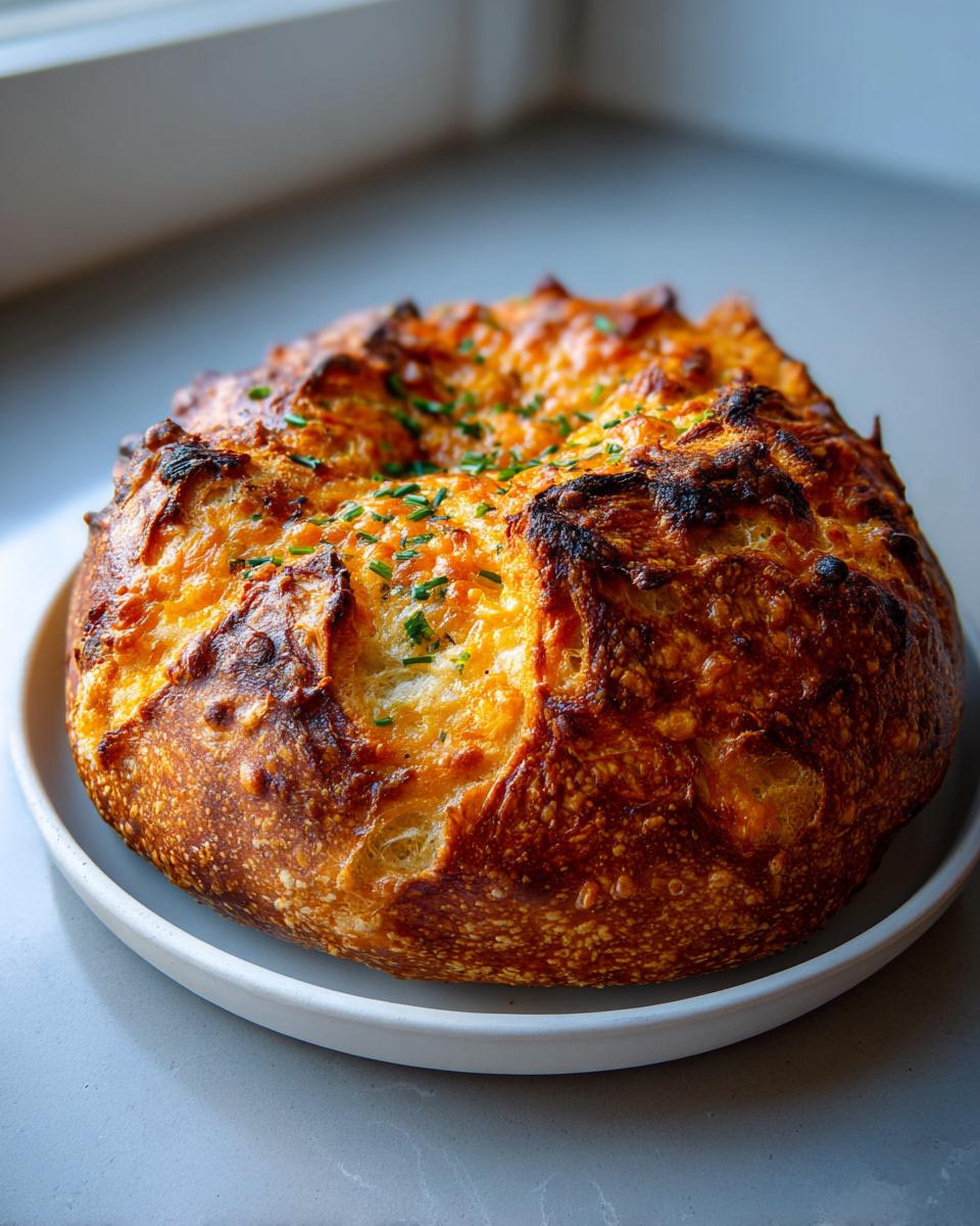 A golden-brown, round sourdough loaf topped with melted cheddar cheese and fresh chives, similar to jalapeno cheddar sourdough discard bagels.