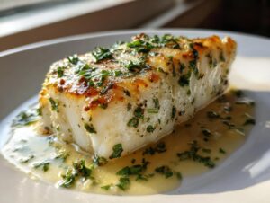 Close-up of a thick, flaky piece of pan-seared chilean sea bass recipe topped with fresh parsley in a lemon butter sauce.
