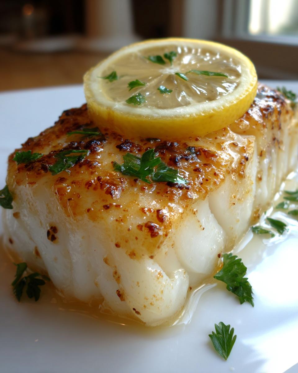 Close-up of a perfectly cooked, moist chilean sea bass recipe oven baked fillet topped with lemon and parsley.