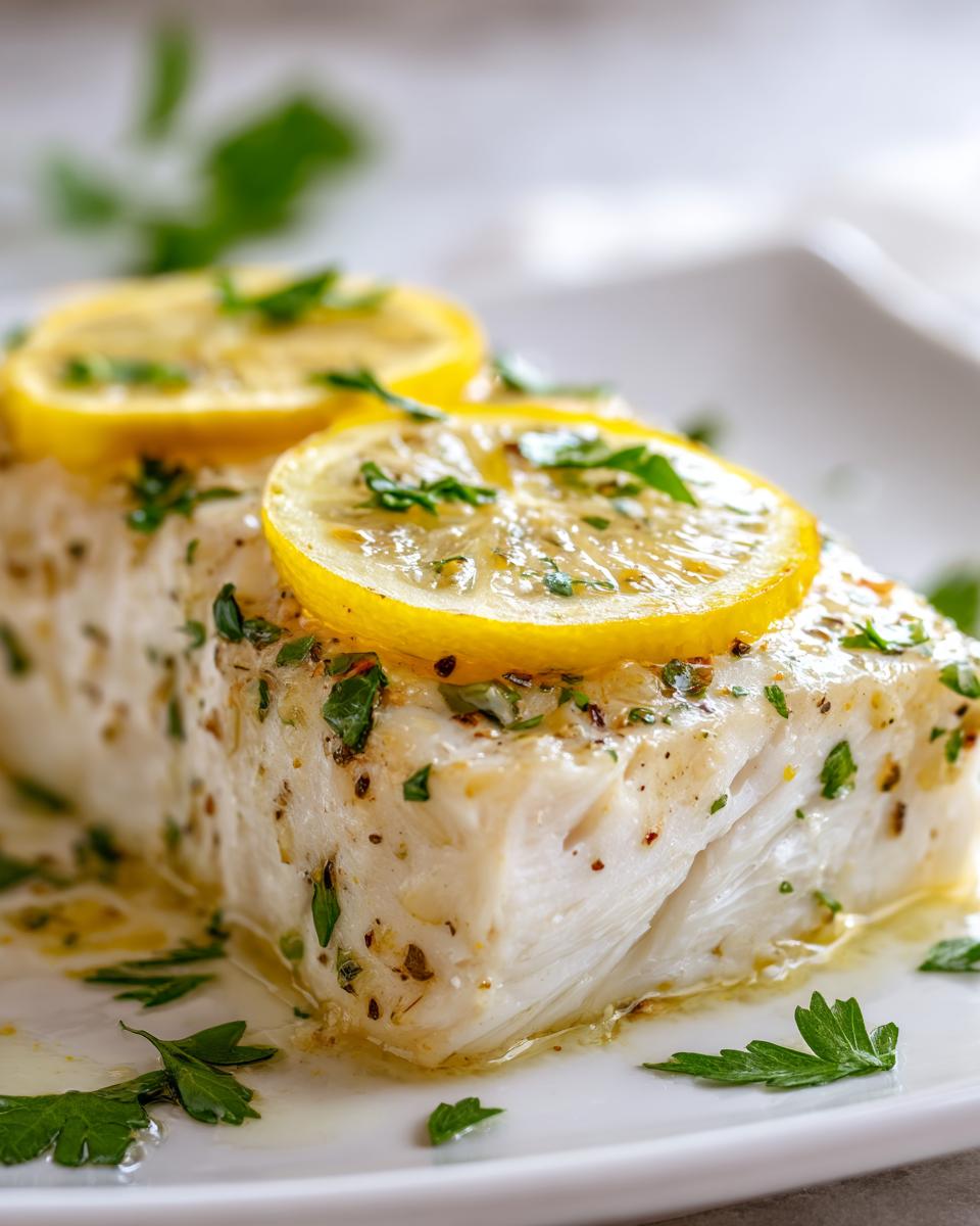 Close-up of a perfectly cooked, moist chilean sea bass recipe oven baked, topped with lemon slices and fresh parsley.