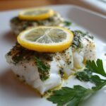 Close-up of moist chilean sea bass recipe oven baked fillet topped with herbs and a lemon slice.