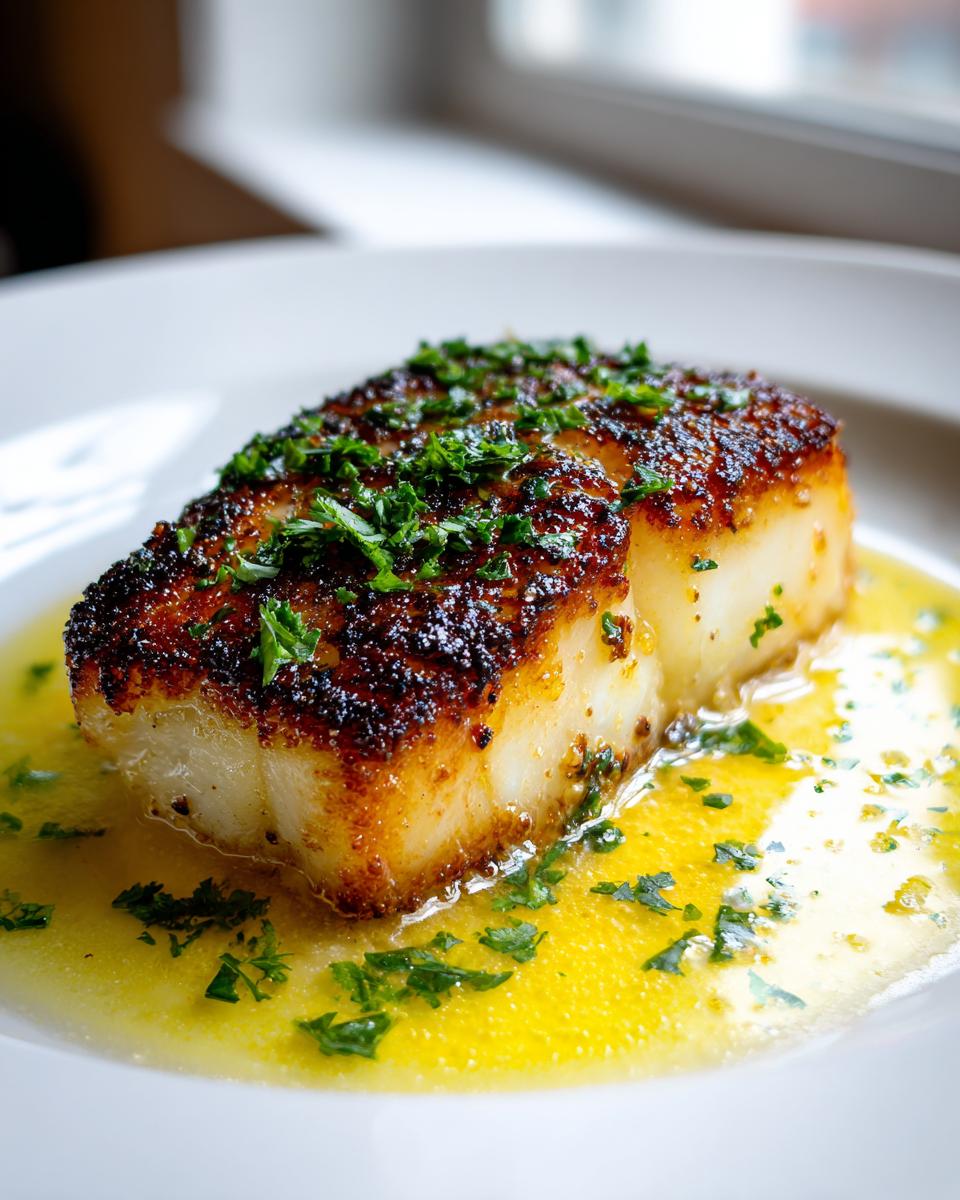 Close-up of a perfectly pan seared chilean sea bass recipe fillet resting in bright yellow butter sauce and topped with fresh parsley.