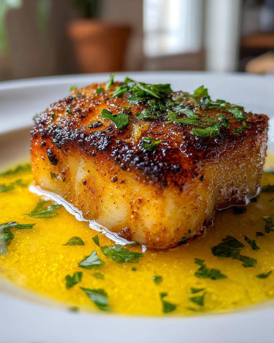 Close-up of a perfectly pan seared chilean sea bass recipe fillet resting in bright yellow butter sauce and topped with fresh parsley.