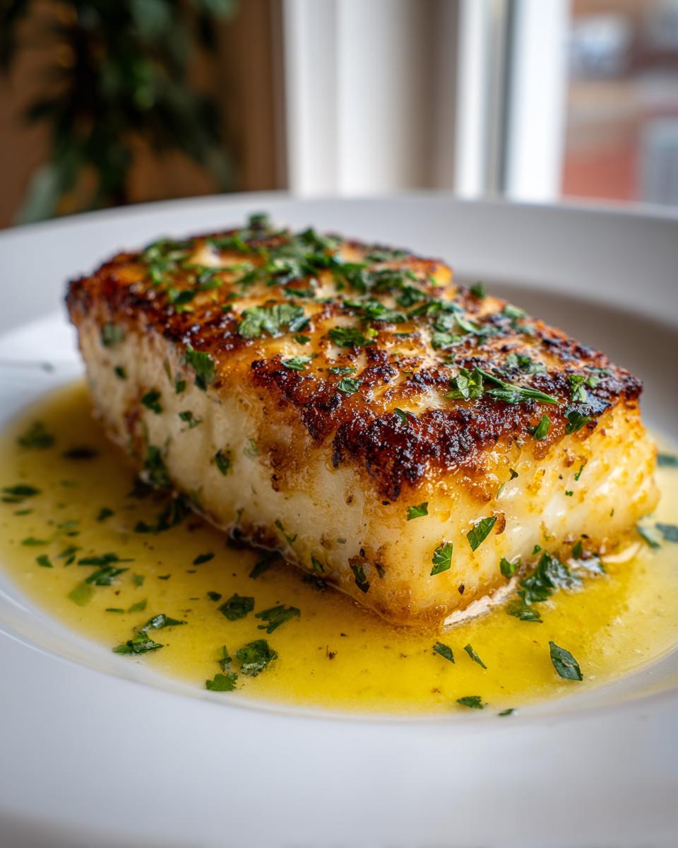 Close-up of a thick, flaky chilean sea bass recipe pan seared fillet topped with fresh parsley in a bright lemon butter sauce.