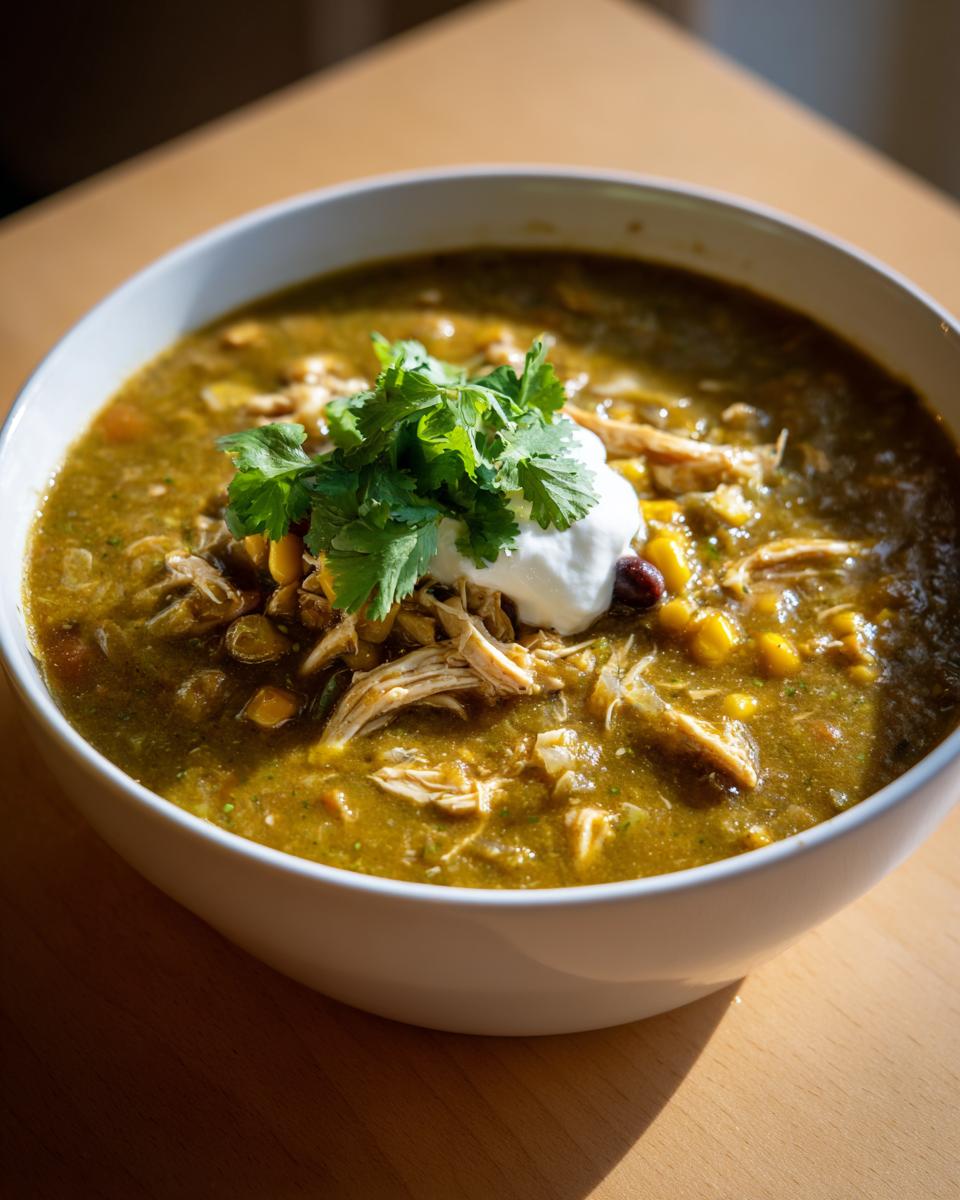 A close-up of a bowl of green, creamy chicken enchilada soup topped with shredded chicken, corn, sour cream, and cilantro.