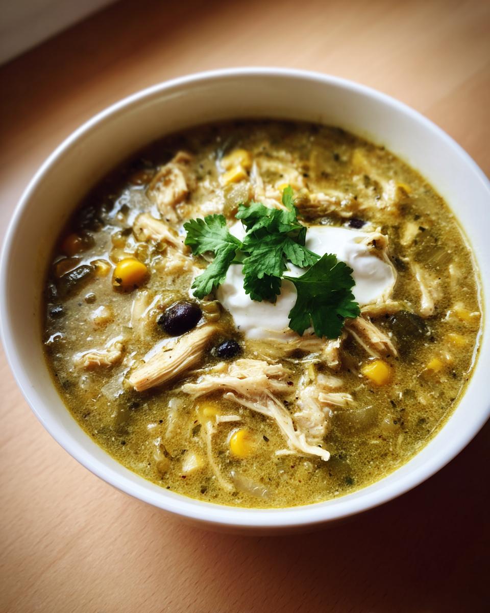 Close-up of a bowl of creamy chicken enchilada soup topped with sour cream, cilantro, corn, and black beans.