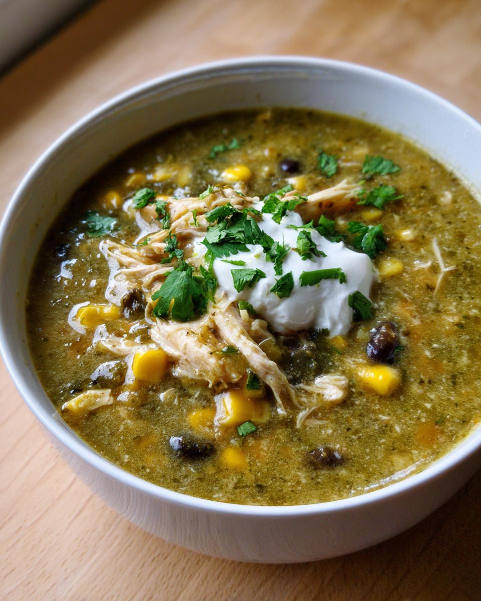 A close-up of creamy chicken enchilada soup topped with shredded chicken, sour cream, and cilantro.