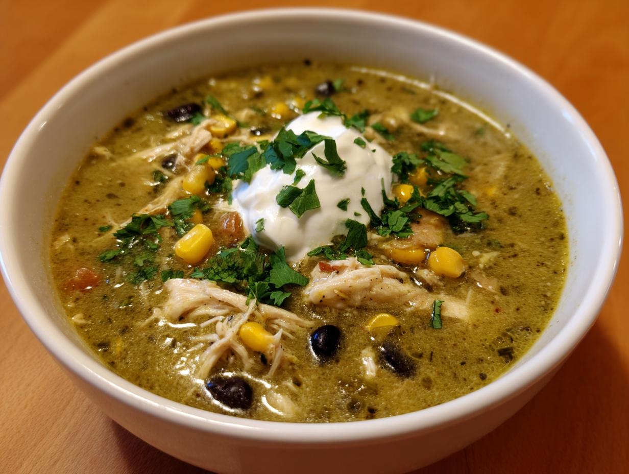 A close-up of a bowl of creamy chicken enchilada soup topped with sour cream, cilantro, corn, and black beans.