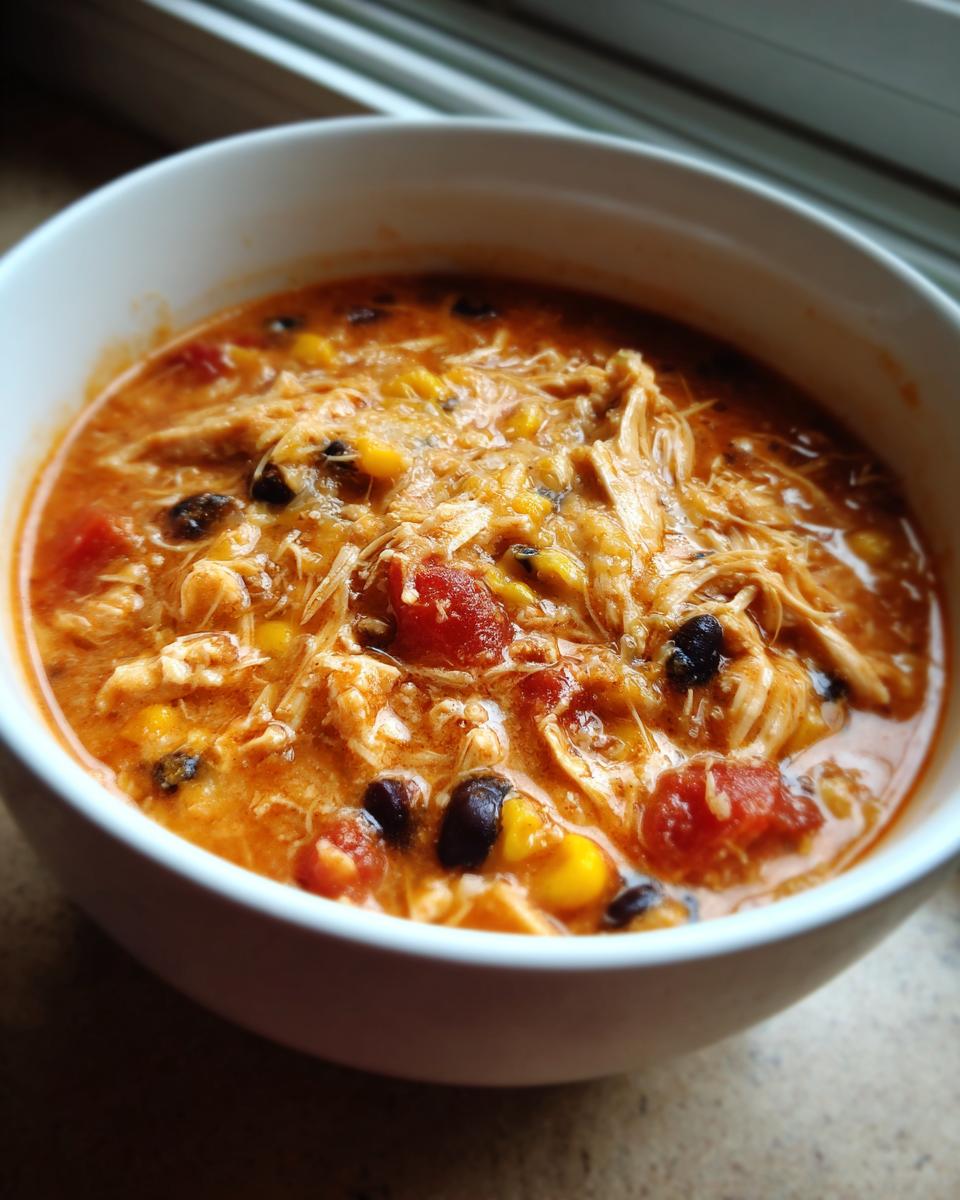 A close-up of a white bowl filled with creamy chicken enchilada soup crock pot, featuring shredded chicken, black beans, corn, and tomatoes.