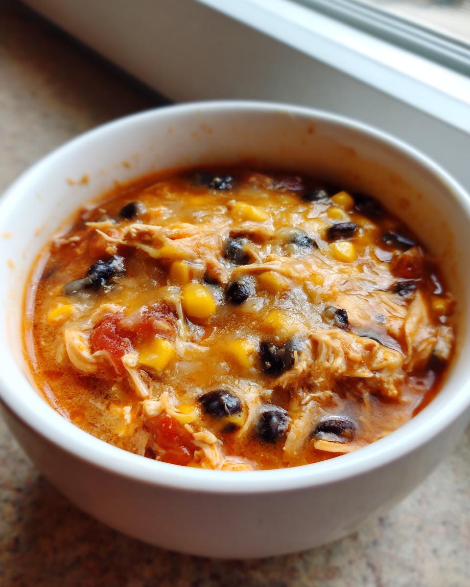 Close-up of creamy chicken enchilada soup crock pot topped with melted cheese, black beans, and corn.