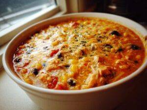 Close-up of creamy chicken enchilada soup crock pot recipe, topped with melted cheese and herbs.
