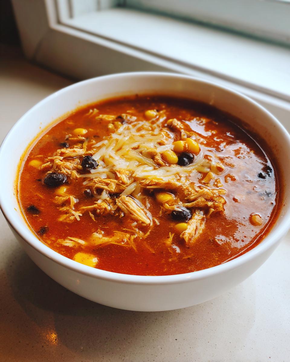 A white bowl filled with rich, red creamy chicken enchilada soup crock pot, topped with shredded cheese, chicken, corn, and black beans.