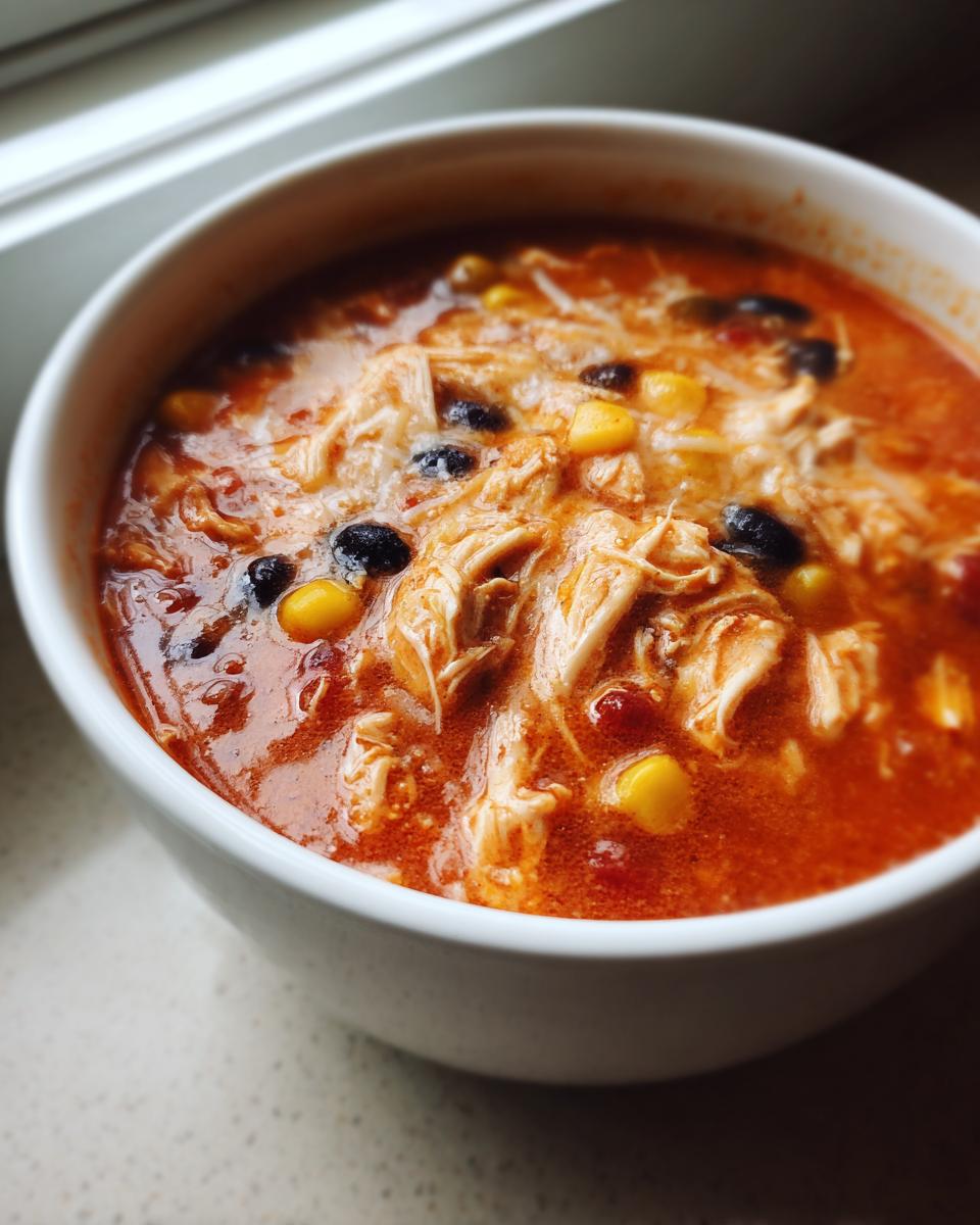 Close-up of a white bowl filled with creamy chicken enchilada soup crock pot, featuring shredded chicken, black beans, and corn.