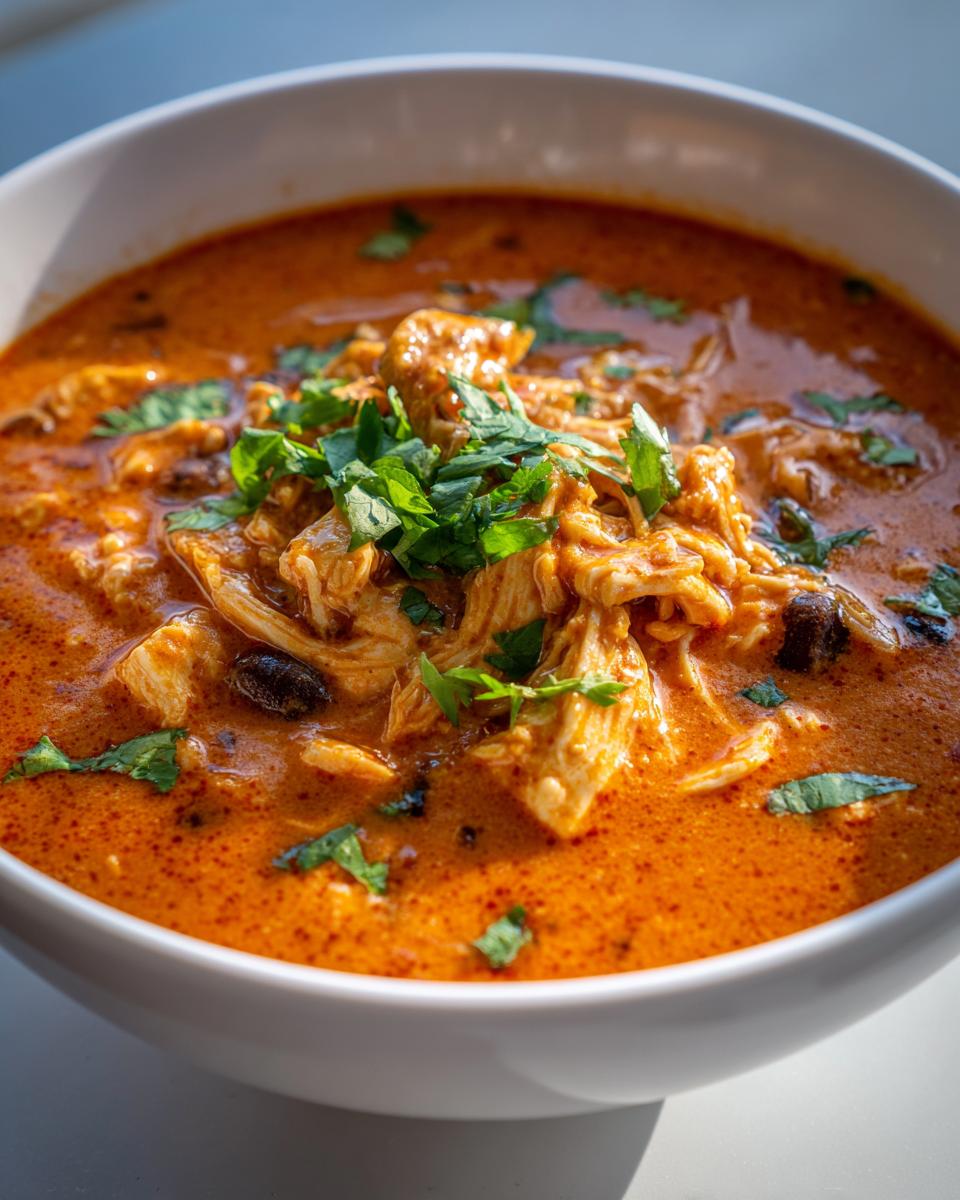 Close-up of a bowl of creamy chicken enchilada soup healthy, topped with shredded chicken and fresh cilantro.