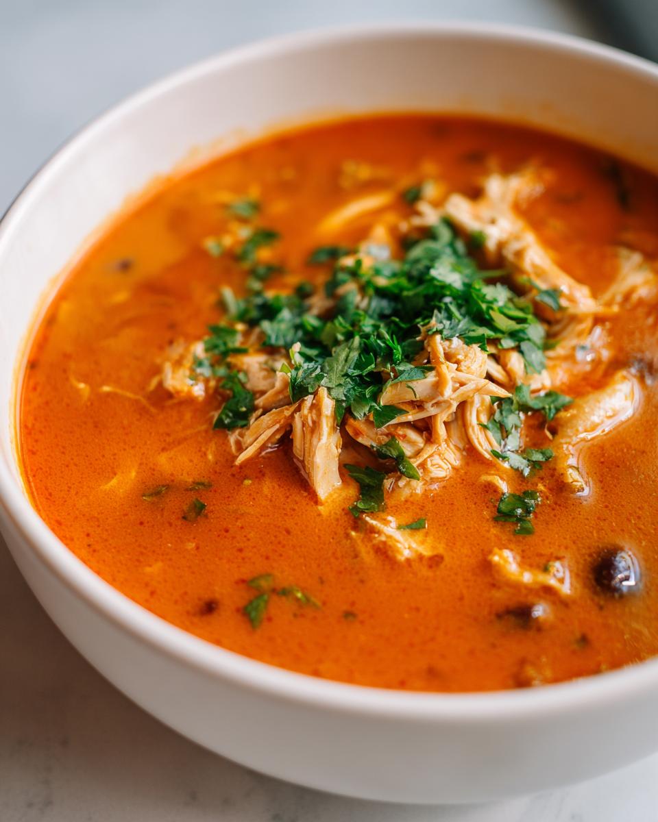 Close-up of a white bowl filled with creamy chicken enchilada soup healthy, topped with shredded chicken and fresh cilantro.