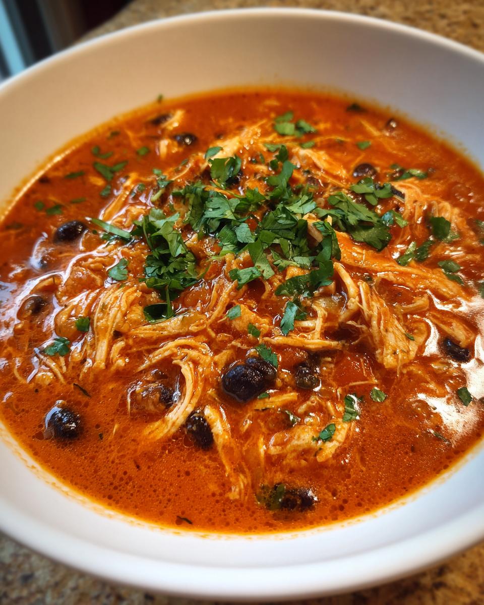 Close-up of a white bowl filled with creamy chicken enchilada soup healthy, topped with shredded chicken, black beans, and fresh cilantro.