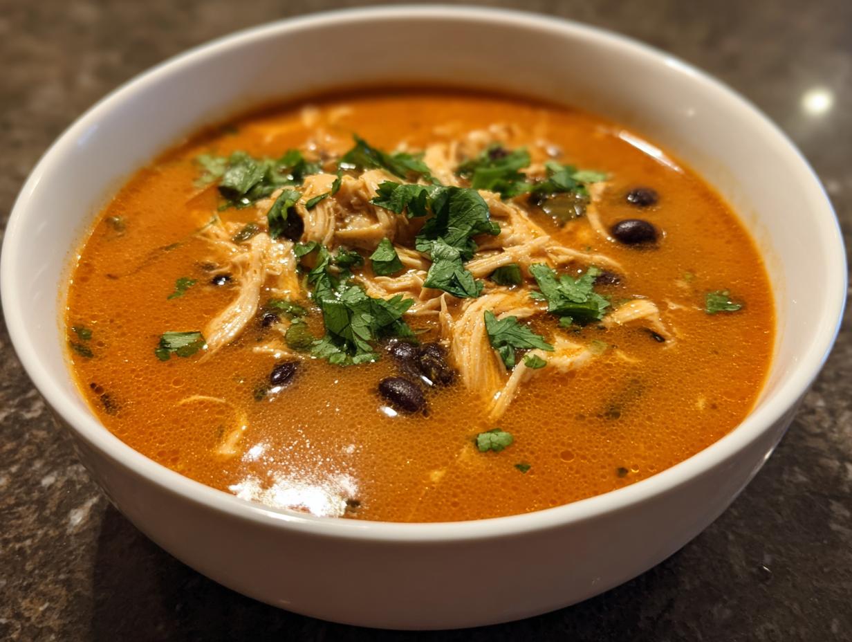 A close-up of a white bowl filled with creamy chicken enchilada soup healthy, topped with shredded chicken, black beans, and cilantro.