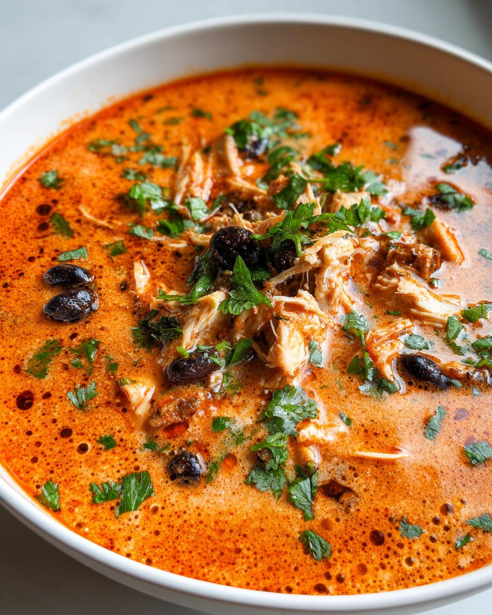 Close-up of a bowl of creamy chicken enchilada soup healthy, topped with shredded chicken, black beans, and cilantro.
