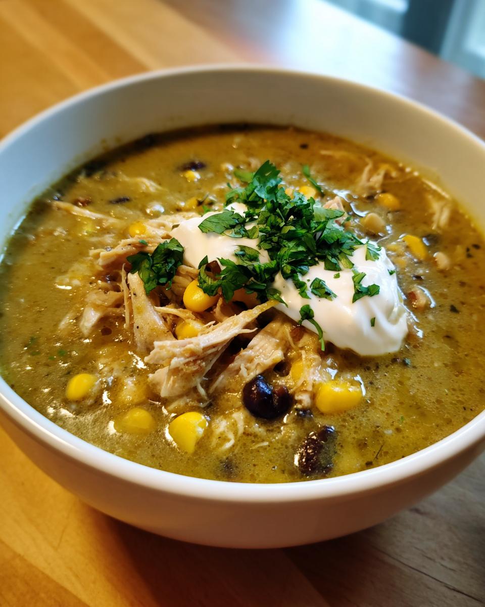 Close-up of a bowl of creamy chicken enchilada soup topped with shredded chicken, corn, sour cream, and cilantro.