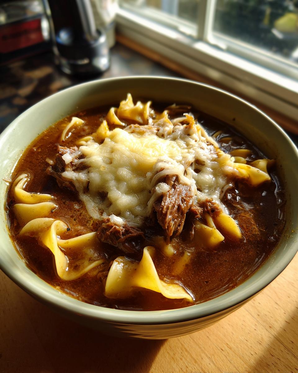Close-up of crockpot french onion soup beef and noodles topped with melted cheese in a green bowl.