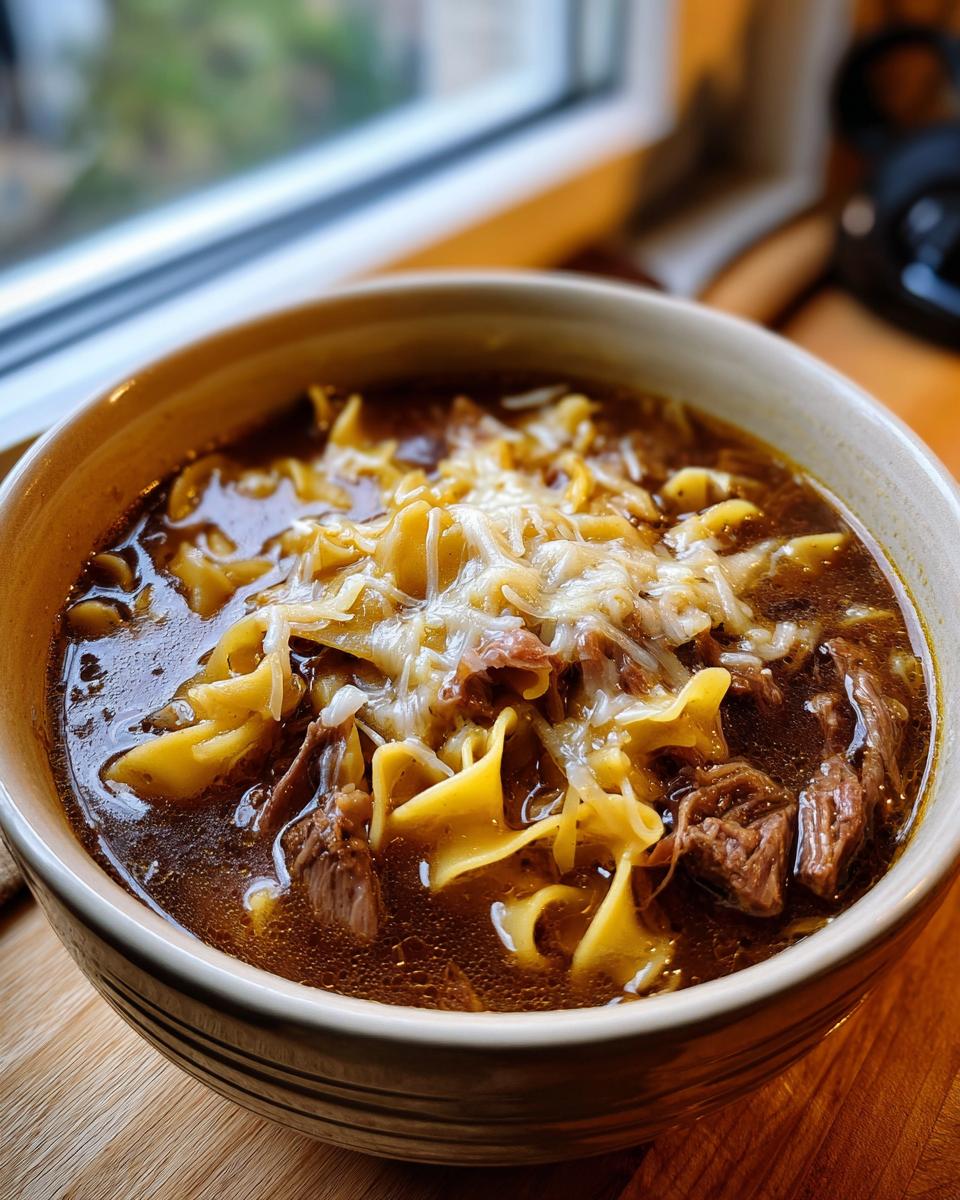 A hearty bowl of crockpot french onion soup beef and noodles topped with melted cheese.