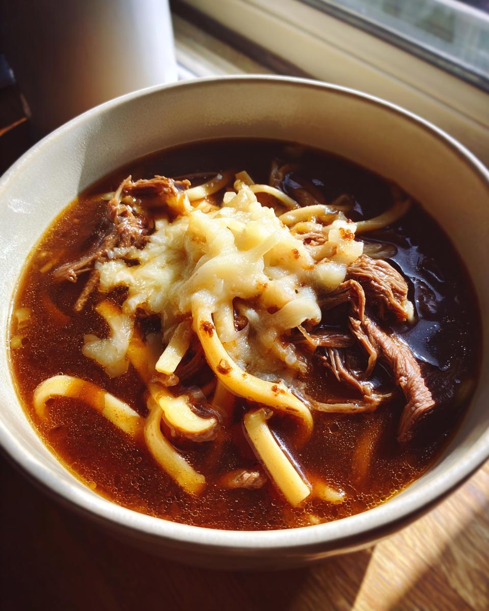 Close-up of a bowl of crockpot french onion soup beef and noodles topped with melted cheese.