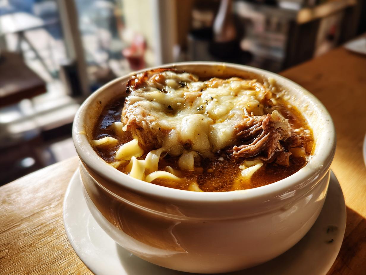 A bowl of rich crockpot french onion soup beef and noodles topped with melted cheese and crouton.