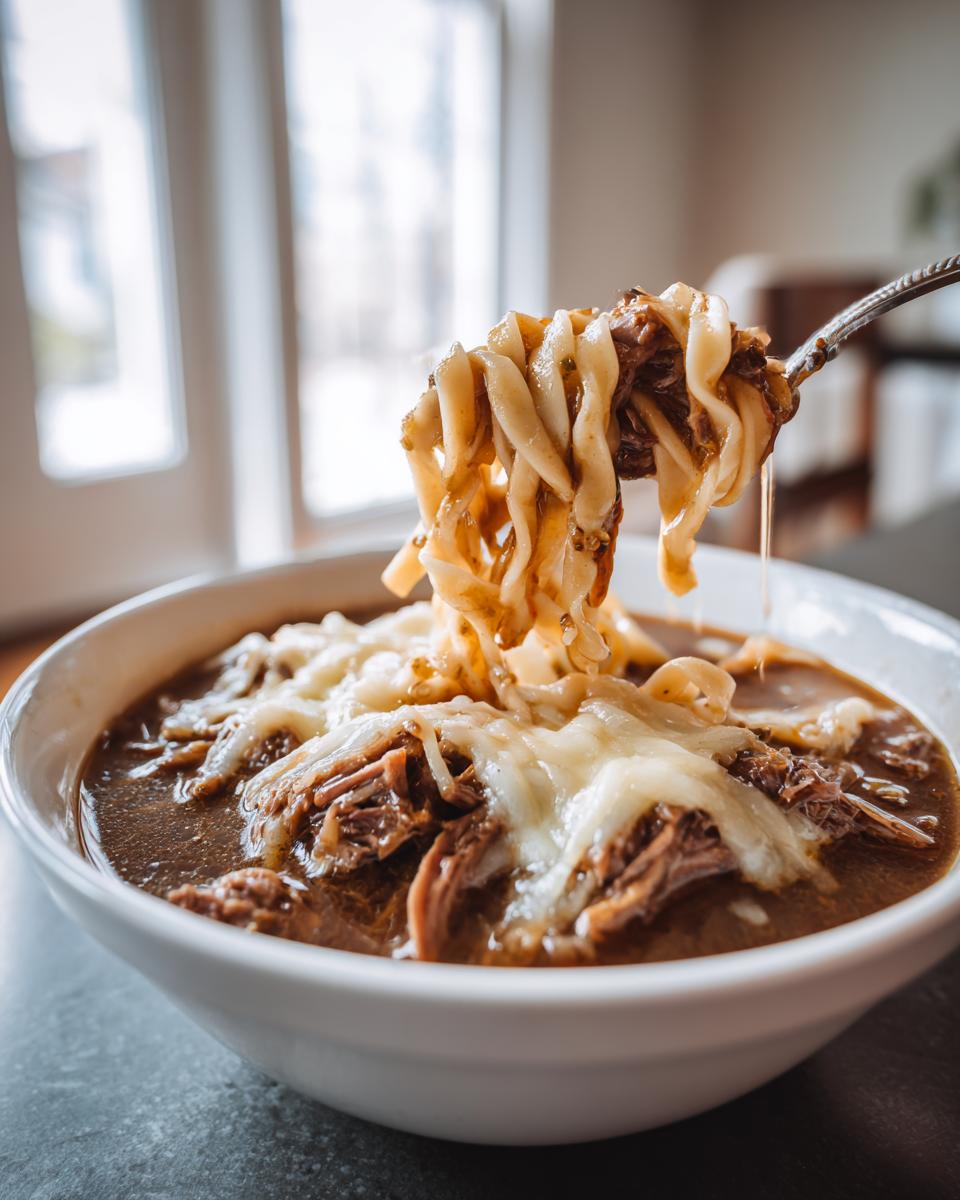 A fork lifts noodles and beef from a bowl of crockpot french onion soup beef and noodles topped with melted cheese.