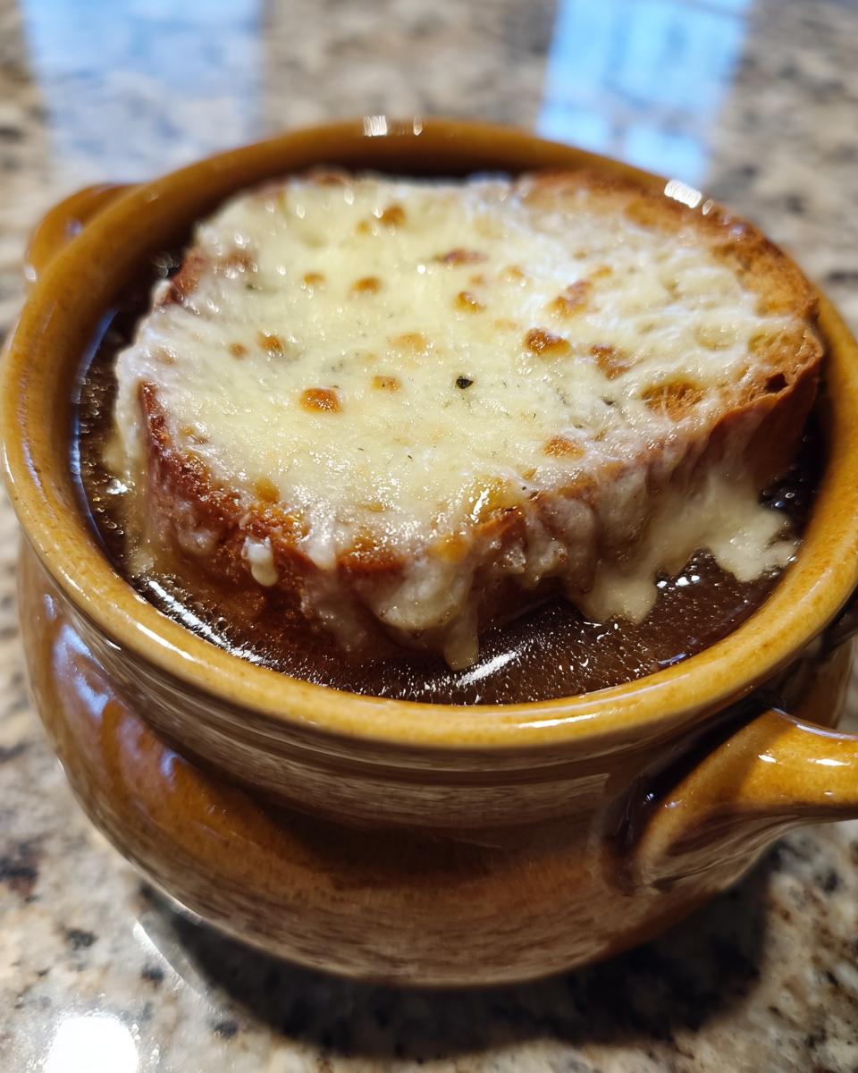 Close-up of a bowl of crockpot french onion soup topped with a melted, bubbly cheese crust on bread.