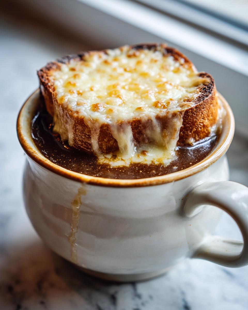 A close-up of rich crockpot french onion soup topped with a toasted crouton covered in melted, bubbly Gruyère cheese.