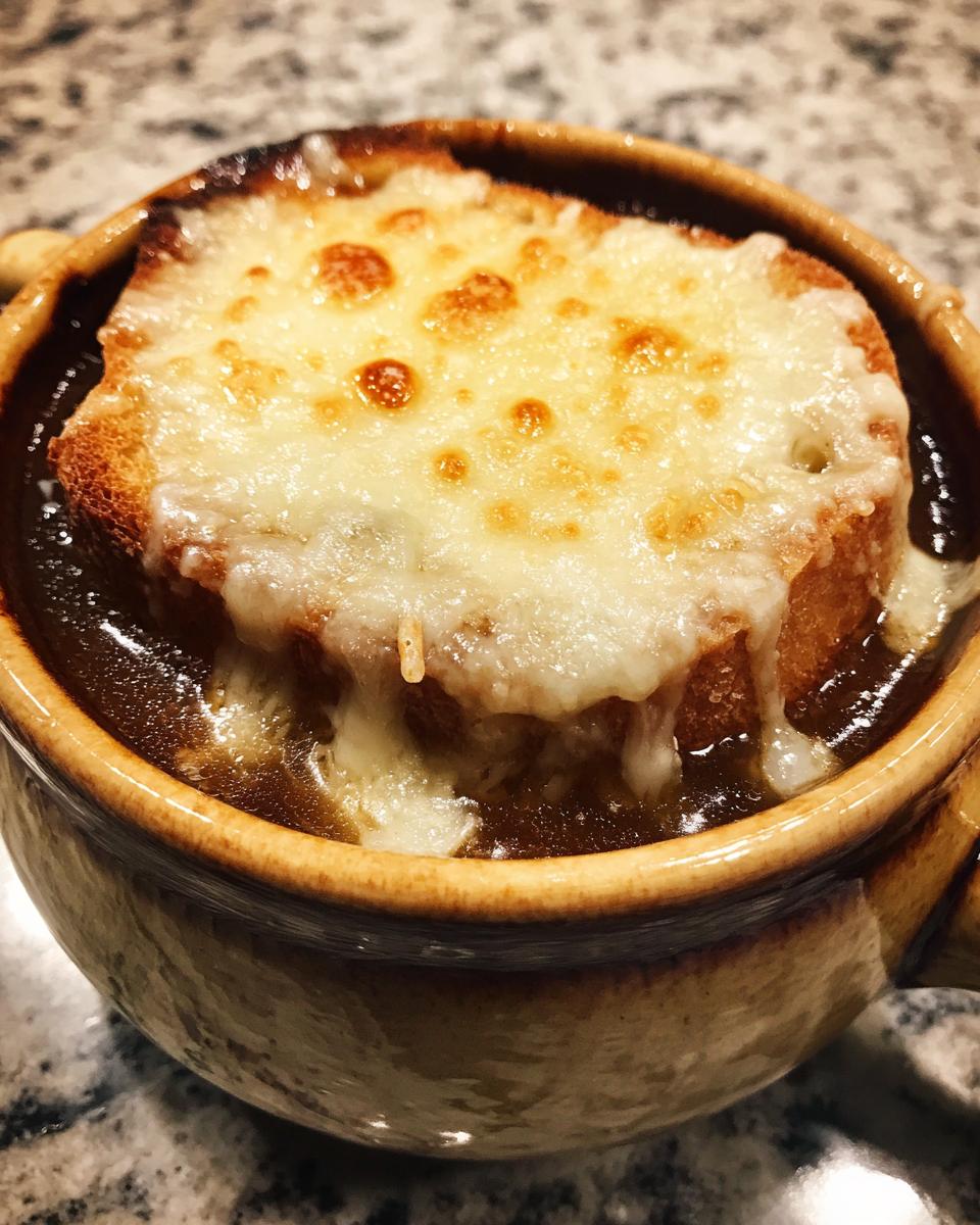 Close-up of crockpot french onion soup topped with a thick layer of melted, bubbly Gruyère cheese on toasted bread.
