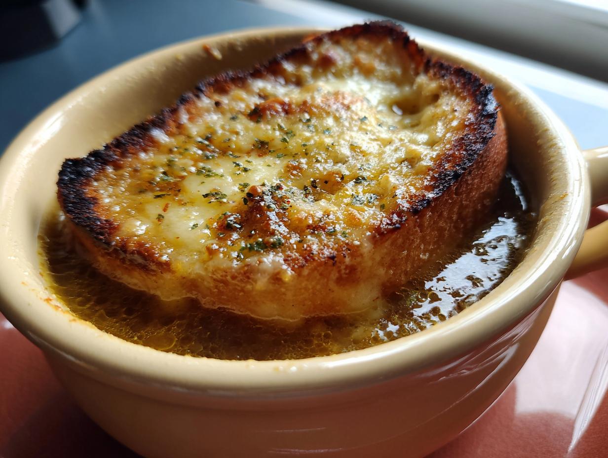 Close-up of a crockpot french onion soup slow cooker serving with melted, browned cheese on a crouton.
