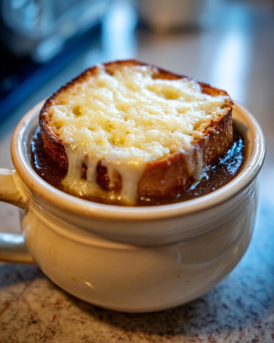 Close-up of a bowl of rich crockpot french onion soup topped with a thick, cheesy, broiled bread slice.