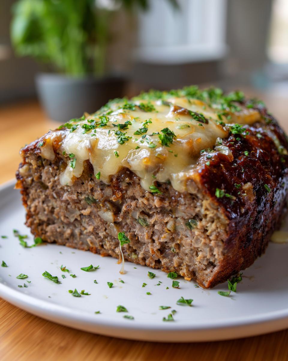 A thick slice of crockpot french onion soup meatloaf with swiss cheese topping and parsley.