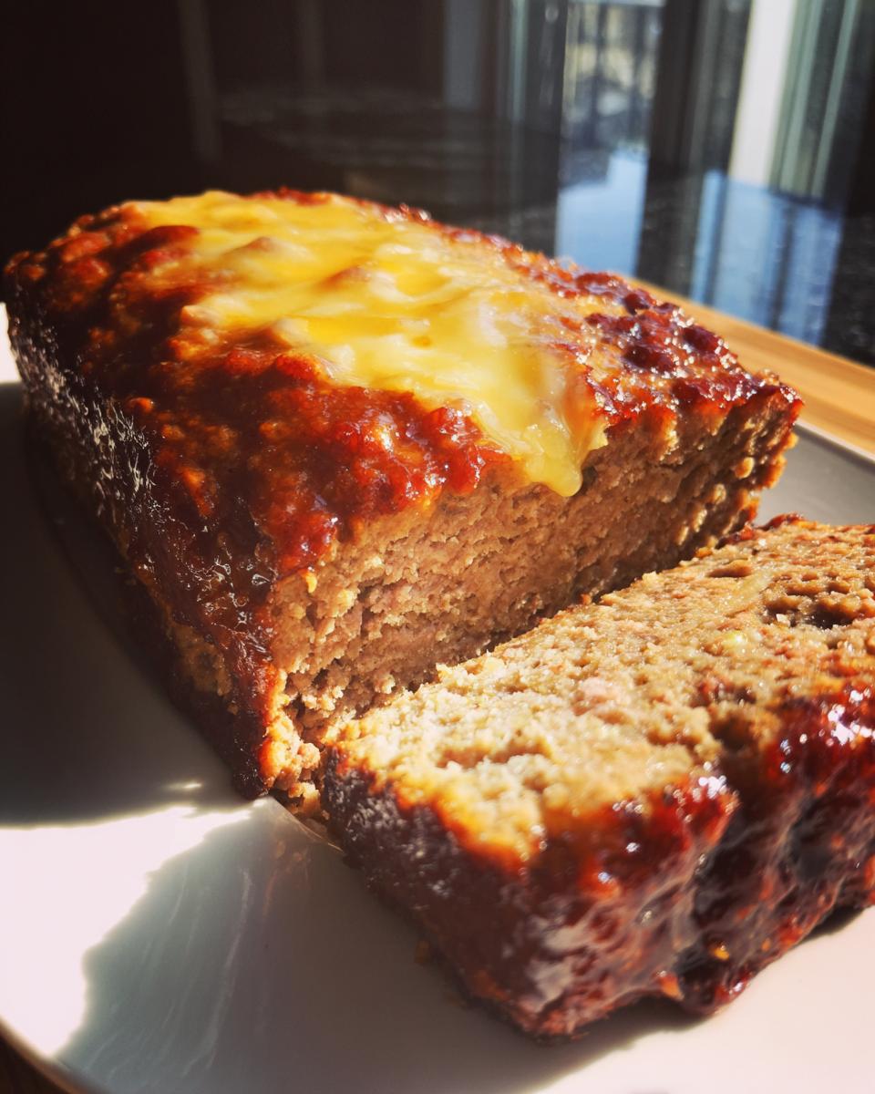 A slice cut from a moist crockpot french onion soup meatloaf with melted Swiss cheese topping.