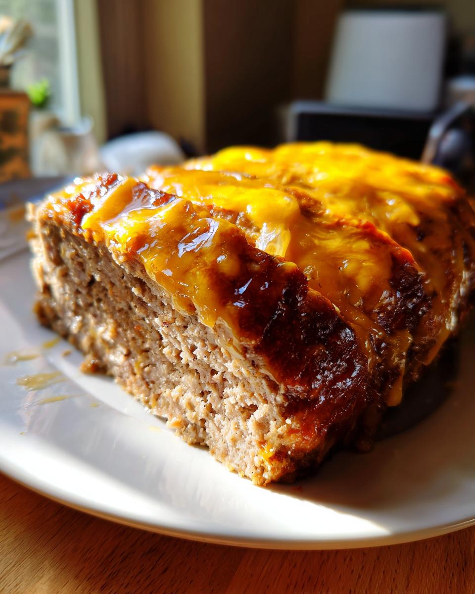 Close-up of sliced crockpot french onion soup meatloaf with melted Swiss cheese topping.