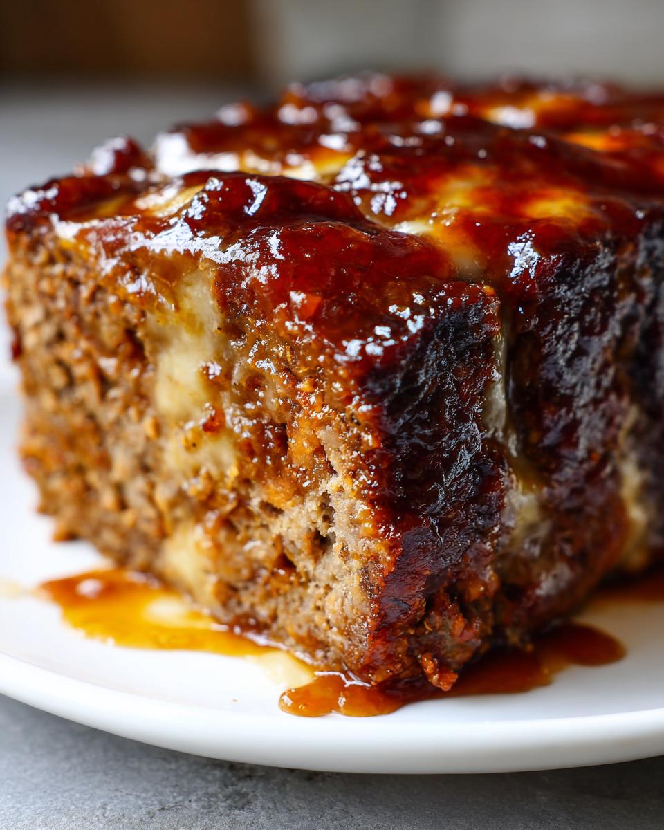 A moist slice of crockpot french onion soup meatloaf with swiss cheese and a rich glaze.
